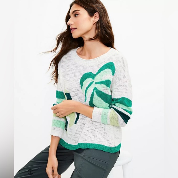 LOFT Lou & Grey Palm Leaf Sweater Size S Cotton Blend Casual Summer White Green - Picture 4 of 16